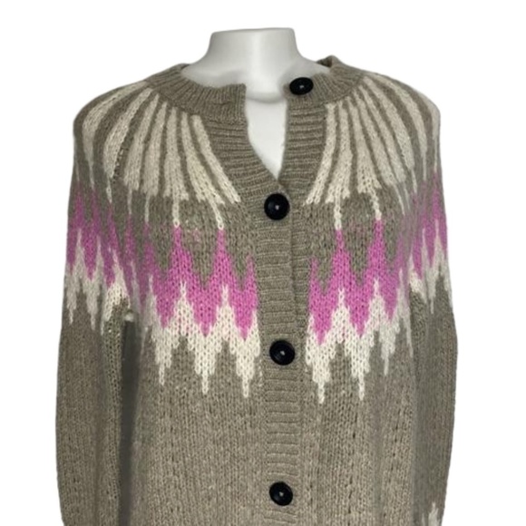 ABERCROMBIE & FITCH Wool Blend Fair Isle Nordic Cardigan Sweater Gray Pink S - Picture 10 of 16